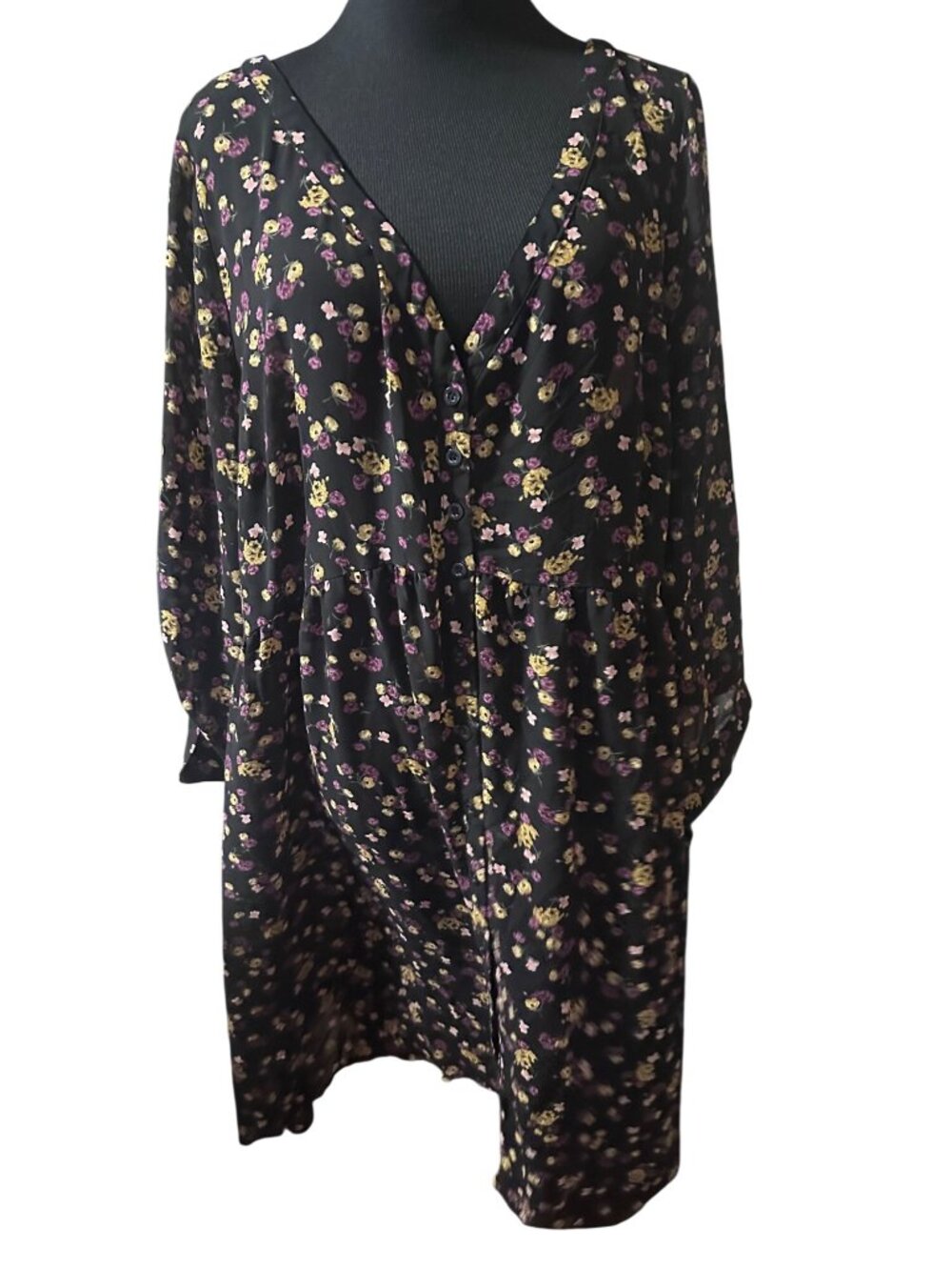 Torrid black purple tan green floral dress with roll tab sleeves size 3